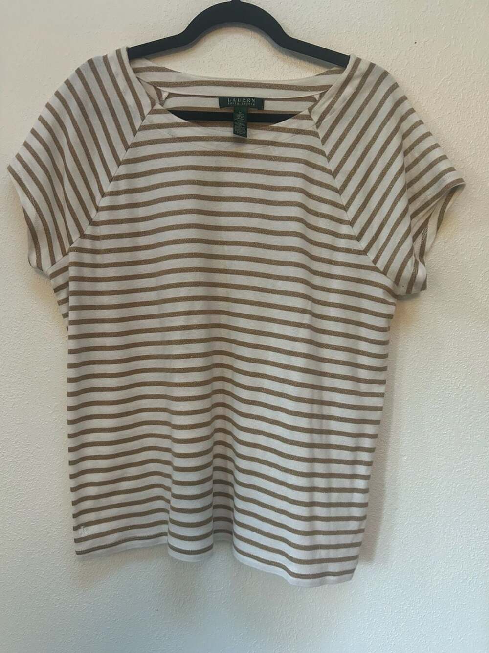 Lauren Ralph Lauren Women's 1x Short Sleeve Metallic Gold and White Striped Top